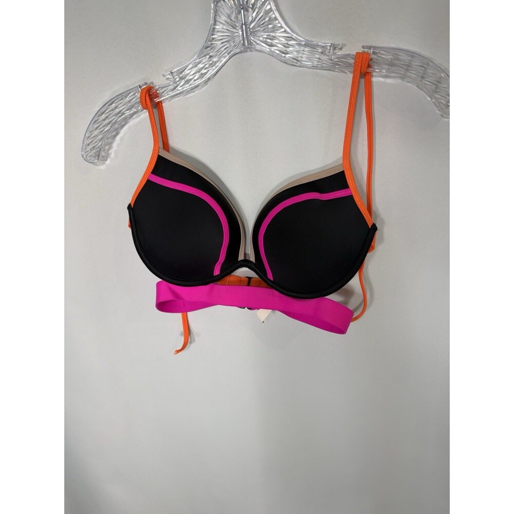 Victoria’s Secret Size 32D Black Neon Pink Orange Bikini Top Bra Swimwear